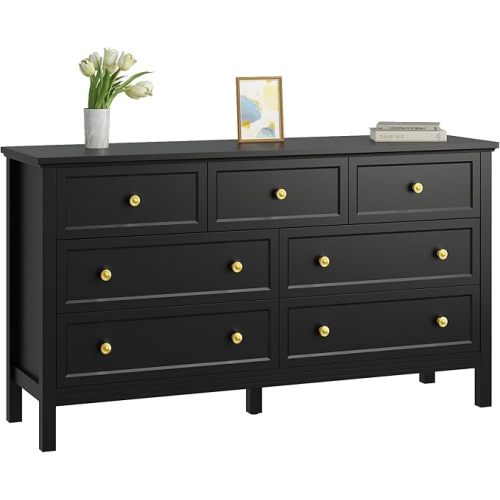 CARPETNAL Black Dresser for Bedroom, 7 Drawer Dresser with Wide Drawers and Gold Metal Handles, 55" Black and Gold Dressers TV Stand, Modern Dressers & Chests of Drawers for Hallyway, Entryway.
