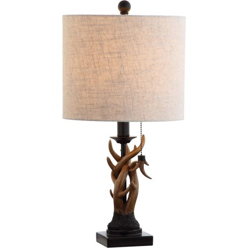 JONATHAN Y 20.5" Brown Rustic Antler Table Lamp for Bedroom Farmhouse Decor, Mini Faux Antler Desk Lamp with Gray Linen Shade, Lodge Cabin Nightstand Lamp, LED Bulb JYL1031A