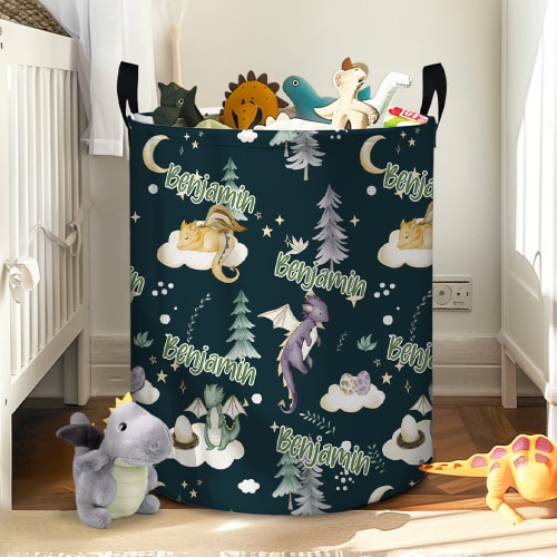 Personalized Night Sky Cute Sleepy Little Flying Dragon Collapsible Laundry Storage Basket with Name and Handle Birthday Holiday Gift for Kids - CALLIE