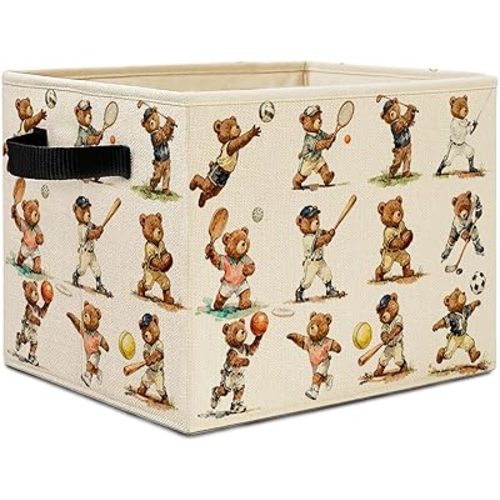 Sports Bear Nursery Storage Bins, Vintage Bears Playing Balls Collapsible Storage Basket Organizer for Kids Sports Room Nursery Bathroom Clothes Toys Books, Toybox for Boys