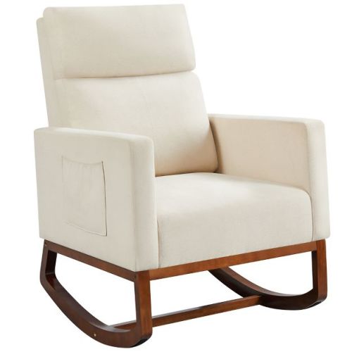 Yaheetech Upholstered Rocking Chair with Rubber Wood Legs and Side Pockets-Beige