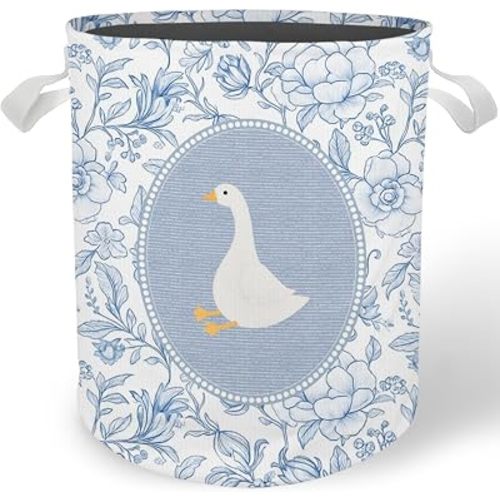 Chinoiserie Floral Goose Laundry Basket, Blue and White Flower Goose Laundry Basket Hamper Waterproof Collapsible Clothes Toys Storage Bin for Girls Nursery Bedroom Bathroom Home