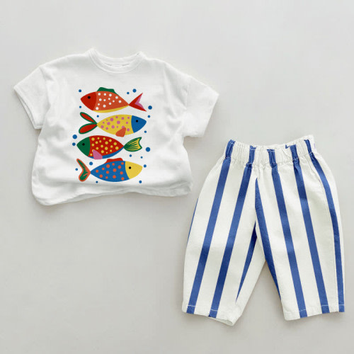 Baby Colorful Fish Blue Vertical Striped 2-piece Set