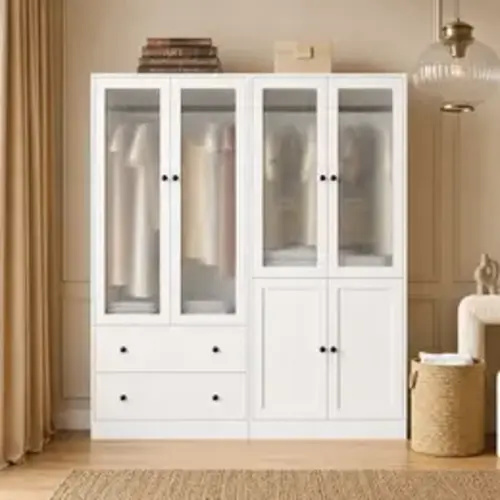 【2 Packages Delivery】VOWNER Wardrobe Closet with Fluted Glass Door, 2 Drawer & Shelf, Wooden White Armoire Storage Cabinet for Bedroom - TikTok Shop