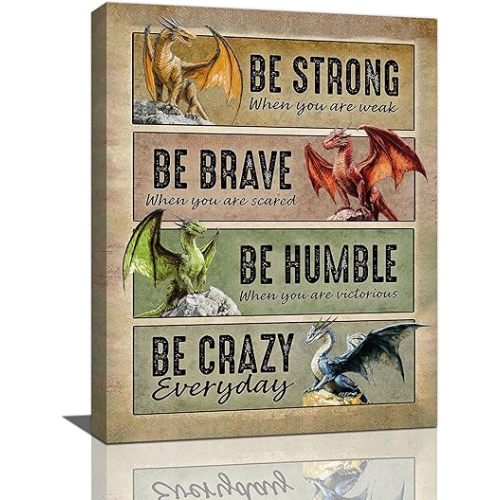 Dragon Wall Art Vintage Dragon Pictures Wall Decor Inspirational Quotes Be Strong Canvas Prints Painting Framed Artwork Decoration for Bedroom Living Room Office Bathroom 12"x16"