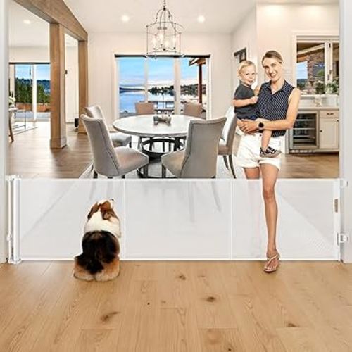 28" Tall Retractable Dog Gate, 80" Wide Reinforced Retractable Baby Gates with Support Rods, Walk Through Baby Gate Easy Step-Over Short Pet Gate Small Dog Gate, Puppy Gates for Doorways/Stairs, White