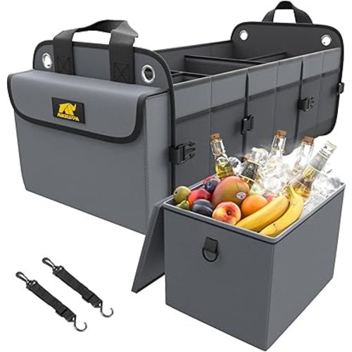 MIKKUPPA Car Trunk Organizer with Cooler - 100L Large Car Organizer, 1680D Oxford Collapsible Suv Trunk Storage with 2 Adjustable Straps for Auto, Truck, Suv (Gray)