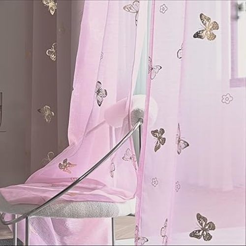 Jubilantex Pink Butterfly Gold Print Sheer Curtains 52x63 Inch Rod Pocket