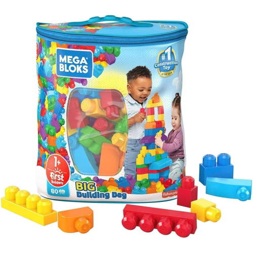 Mega Bloks First Builders Big Building Bag with Big Building Blocks, Building Toys for Toddlers (80 Pieces) - Blue Bag