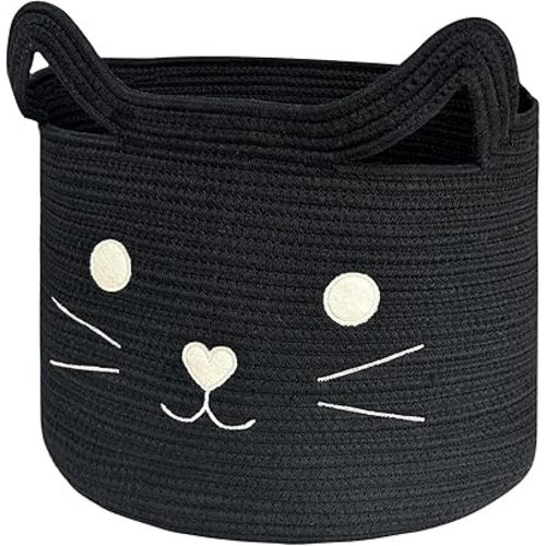 VK VK·LIVING Large Cat Toy Basket with Handles 15" Lx14 H Cotton Rope Toy Box with Black Cat Design, Gift Basket for Laundry, Baby, Towels, Blankets, Woven Cotton Rope Animal Storage Organizer