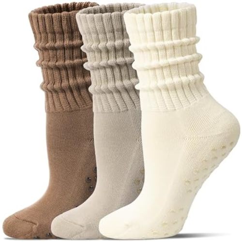 Pilates Socks for Women Mid Calf Slouch Yoga Socks with Non Slip Grippers for Barre Boot Sock 3 Pairs