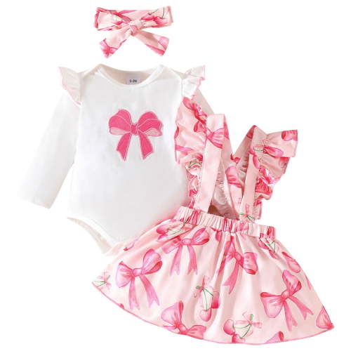 IWEMEK Newborn Baby Girl Clothes Ruffle Long Sleeve Romper Pink Bowknot Skirt 3 Pieces Fall Outfit Sets Size 6-12M