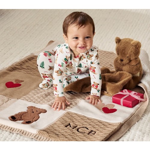 Teddy Bear Heirloom Sherpa-Backed Patchwork Knit Baby Blanket