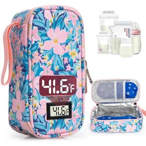 Breast Milk Cooler Travel Bag, Real-Time Temperature Display, Holds 4-6 Breastmilk Storage Bag with 2 Breast Milk Ice Pack, Cooling & Waterproof Portable Cooler for Moms on the Go (Pink Flower)