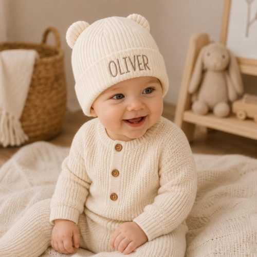 Personalized Baby Bear Beanie Hat, Custom Embroidered Name Winter Hat for Newborns, Infant Teddy Hat, Baby Shower Gift, Knit Hat