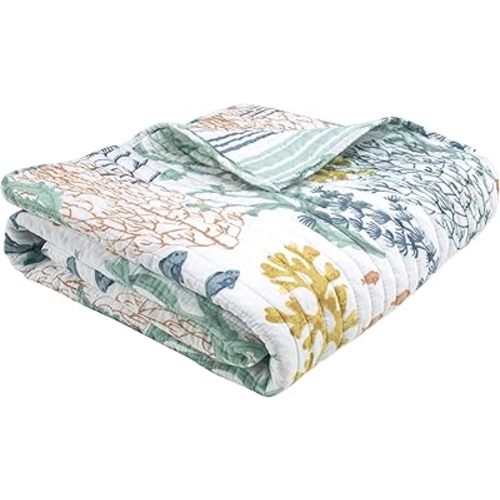 Levtex Home - Ocean Meadow - Throw - Coastal - Teal, Blue, Coral, White and Ochre - Quilted Throw (50x60in.) - Cotton