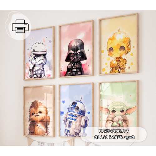 6 Colored Star Wars Wall Art - Chibi Star Wars Prints, Gift for Kids, Boys Room Decor, Baby Yoda Poster, Darth Vader, Movie Poster, Droids