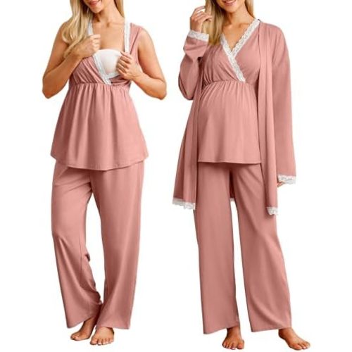 OUGES Womens Cotton Blend Maternity Nursing Robe Set 3 PCS Postpartum 3 in 1 Labor Delivery Hospital Pjs Tank Top & Pants