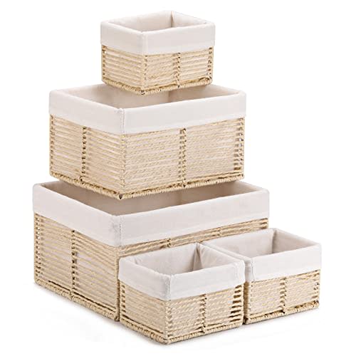 Vagusicc Wicker Storage Basket, Hand-Woven Paper Rope Basket, Rectangular Small Basket for Organizing, Cube Storage Bin for Closet/Clothes/Dresser, Beige, 5-Pack