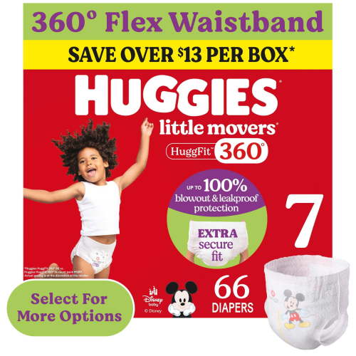 Huggies Little Movers HuggFit 360 Baby Diapers with 360 Waistband, Size 7 (41+ lbs), 66 Count (Select for More)