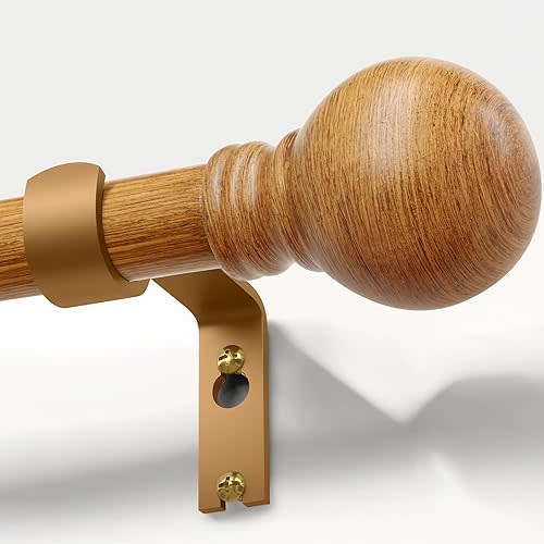 Boho Wood Curtain Rods for Windows 72 to 144 inch 1" Diameter Adjustable Heavy Duty Window Curtain Rod with Decorative Wooden Grain Finials Drapery Rods for Living Room Bedroom Kitchen Cafe Farmhouse