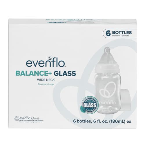 Evenflo Balance+ Glass Wide Neck Baby Bottles, Clear, 6 fl oz, 6 Pack