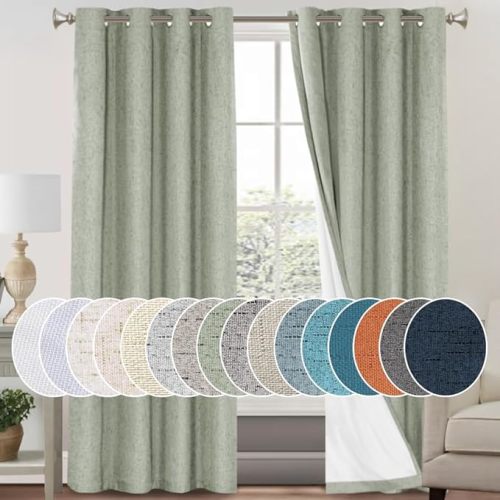 100% Blackout Curtains for Bedroom Window Treatment Thermal Insulated Warm Drapes for Winter Linen Textured Curtains Heat and Full Light Blocking Drapes 2 Panel Sets,Sage,52x84 Inch
