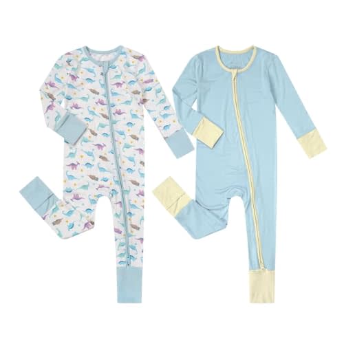 Teach Leanbh Unisex Baby 2 Pack Bamboo Viscose Pajamas with Mittens and Feet Cuffs 2 Way Zipper Long Sleeve Romper