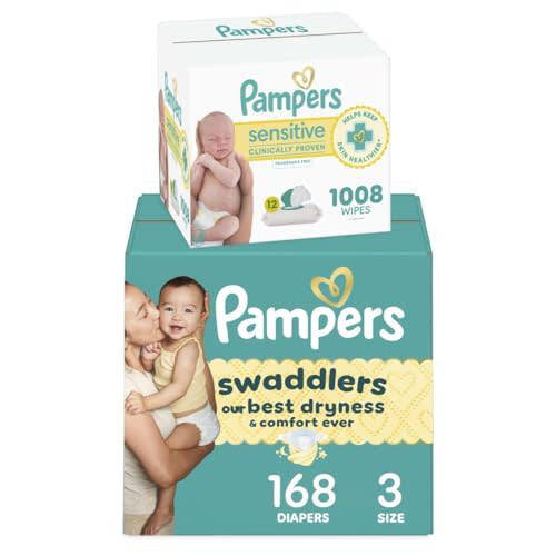 Pampers Swaddlers Disposable Baby Diapers Size 3, 168 Count with Sensitive Water Based Baby Wipes 12 Flip-Top Packs (1008 Wipes Total)