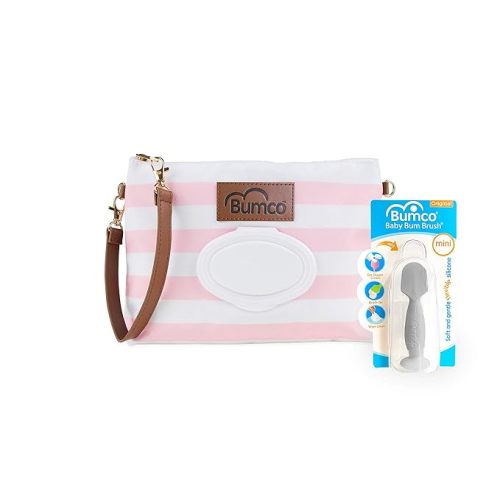 Bumco Diaper Clutch Bag and Mini Diaper Cream Spatula - Baby Travel Essential, Small Baby Bag with Wipes Dispenser, BPA-Free Butt Spatula Baby, Mini Diaper Cream Applicator with Case, Baby Essentials - Pink + Gray