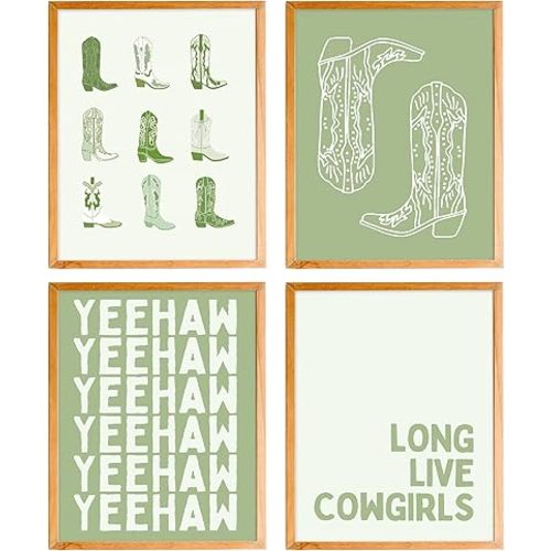 BearCake Cowgirls Wall Art, green Preppy Western Cowgirl Boots Posters Wall Art Prints Decor, Cowgirl Room Decor, Preppy Room Decor, 8x10 Inches Set of 4 Unframed