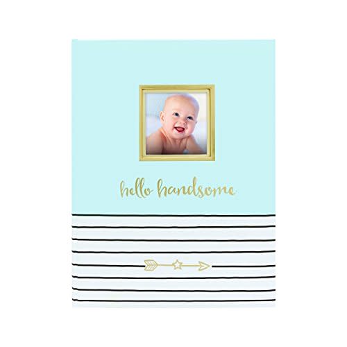 Pearhead Hello Handsome First 5 Years Baby Memory Book, Guided Baby Keepsake Journal for Baby Boy, Blue Hardcover, 3 x 3 Inch Photo Insert