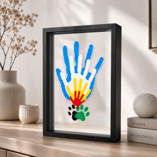 Family Handprint Kit for 4 – Wooden Frame with 4 Acrylic Boards, DIY Keepsake Art for Baby, Pet & Family, Non-Toxic Washable Paint Hand Mold Memory Gift - Black