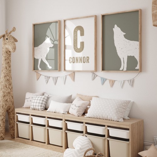 Wolf Nursery Prints Set: Custom Name, Evergreen Fog Woodland Art (Digital Download)