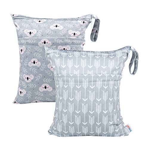 ALVABABY 2pcs Cloth Diaper Wet Dry Bags Waterproof Reusable with Two Zippered Pockets Travel Beach Pool Daycare Soiled Baby Items Yoga Gym Bag for Swimsuits or Wet Clothes L-YX3536