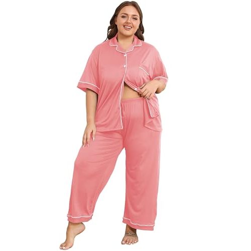 Vozanet Women's Plus Size Pajamas Button Down Shirt and Pants Soft Lounge Sets Bride Nighty Bottom with Pockets 1x to 5x