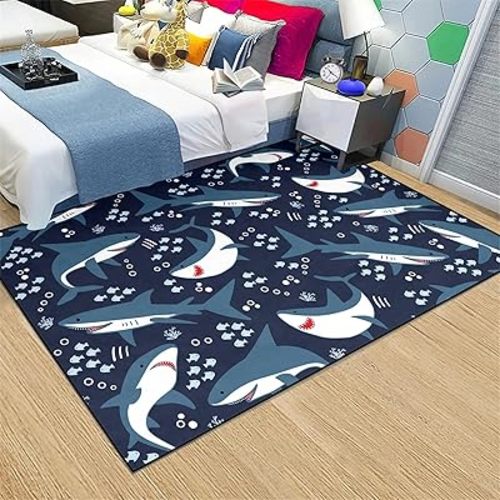 Grey Cute Sharks Area Rugs for Kids Cartoon Lovely Ocean Life Patterns Carpet Fish Shark Rugs for Boys Bedroom Living Dinning Room Bedroom Kitchen Playing Room, 4'×5'
