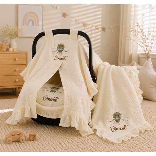 Personalized Baby Car Seat Cover Set, Muslin Blanket and Pillow, Custom Baby Name Gift Set, Neutral Nursery Essentials