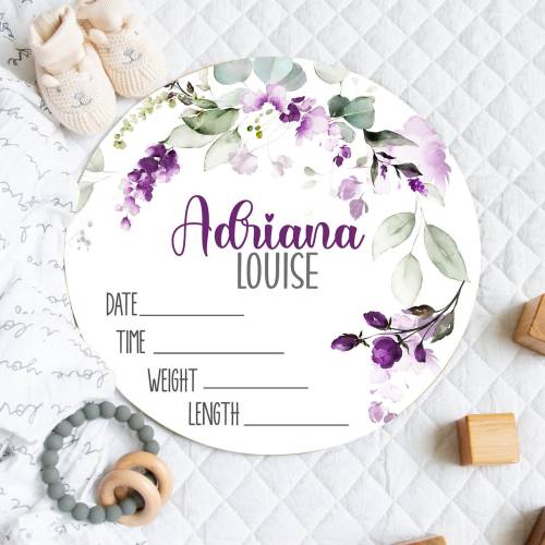 Purple Floral Baby Girl Birth Stats Sign, Newborn Girl Birth Announcement, Baby Girl Hospital Sign Birth Announcement, Wood Girl Name Sign