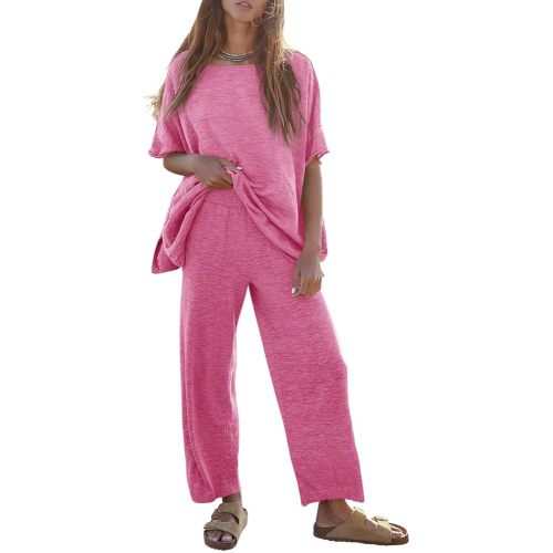 Tankaneo Women's 2 Piece Travel Outfits Casual Short Sleeve Knit Sweater Set Wide Leg Pants Lounge Sets Tracksuit