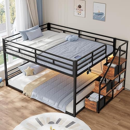 ADORNEVE Low Bunk Bed Full Over Full with Stairs, 3 Storage Drawers & Power Outlet, Full Size Metal Floor Bunk with RGB Lights & Shelves, Space-Saving Kids Bed, Full-Length Guardrail, Black & Brown