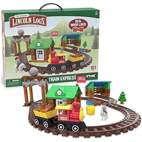 LINCOLN LOGS-Sawmill Express Train - 101 Parts - Real Wood Logs - Buildable Train Track-Ages 3+ - Best Retro Building Gift Set for Boys/Girls-Creative Construction Engineering-Preschool Education Toy