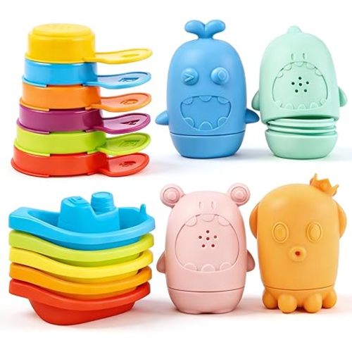 Baby Bath Toys for Toddlers, 15 PCS Mold Free Bathtub Water Play Toys with Rainbow Color Floating Boats Spoons and Silicone Sensory Bath Toys, Water Table & Pool Toys for Babies and Toddlers