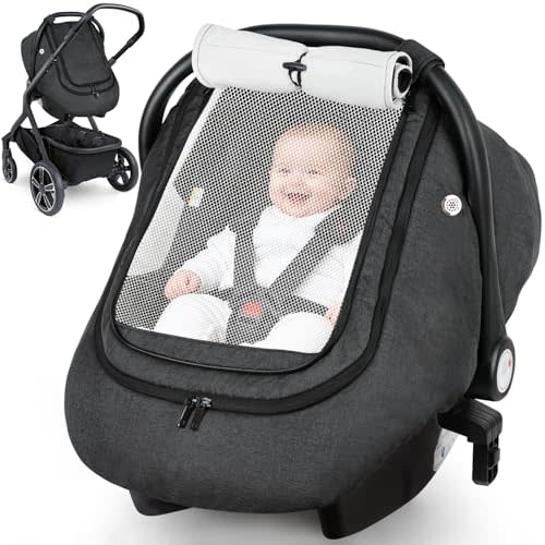 Rquite Car Seat Cover Baby, Carseat Covers Boy Girl, 2 Layers Window -Breathable Mesh & Wind/Sun Shade, Infant Car Seat Canopy Baby Carrier/Stroller Cover, Fit Spring, Fall, Winter, Cold Weather