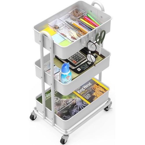Simple Houseware 3-Tier Heavy Duty Metal Utility Rolling Cart, White