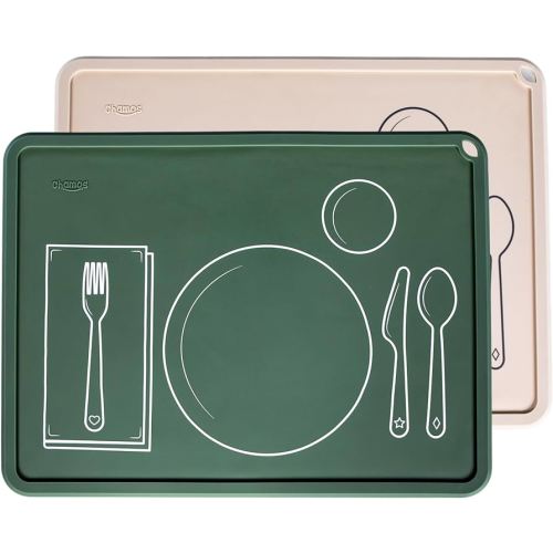 CHAMOS Montessori Placemat for Toddlers - Kids Silicone Mats for Dining Table - Set of 2 - Table Setting Learning (Sage and Beige)