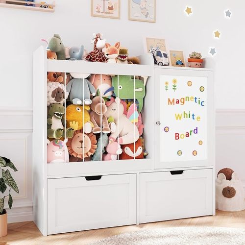 40" Toy Organizers and Storage, Stuffed Animal Holder with Magnetic Drawing Board, Wooden Toy Organizer with 2 Movable Drawers, Kids Room Toy Organization for Playroom Bedroom Nursery (White)