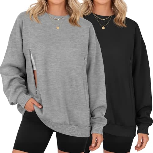 Locoowai 2 Pack Women's Oversize Nursing Sweatshirts | Breastfeeding Shirts, Long Sleeve, Hidden Zipper, Crew Neck, Casual, Maternity Tops, Daily, for Postpartum, Pregnancy Clothes