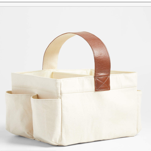 Canvas Diaper Caddy Organizer with Brown Leather Handle