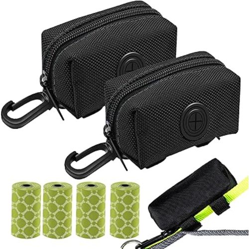 (2 Pack) Dog Poop Bag Holder, Poop Bag Holders for Leashes, CAKOVANO Doggie Waste Bag Dispenser Small Doggy Poop Bag Zipper Pouch with Carabiner Clip with 4 Rolls of Pet Trash Bags, Black